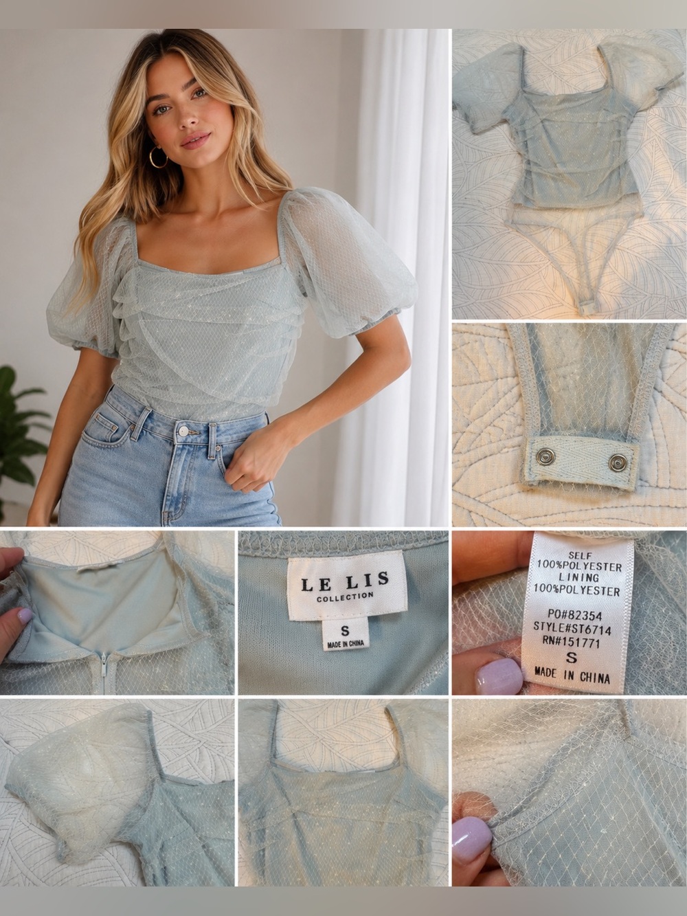 LE LIS Collection Blue Sparkle Mesh Puff Sleeve Bodysuit Size S